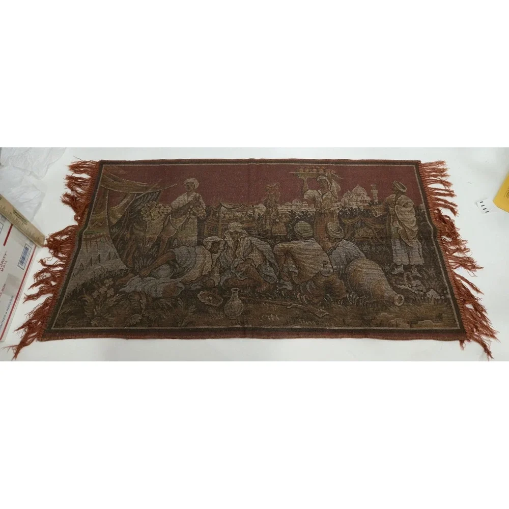 Vintage Middle Eastern Desert Marketplace Velvet Tapestry Fringed Rug 40